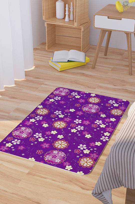 矢量紫色卡通花朵脚垫地毯图案-众图网