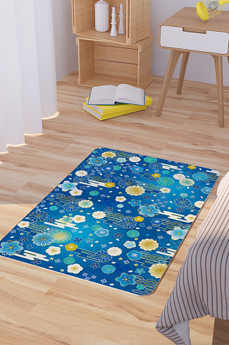 矢量蓝色樱花卡通可爱脚垫地毯图案