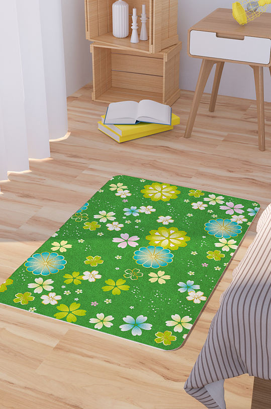 矢量绿色手绘花朵卡通可爱脚垫地毯图案