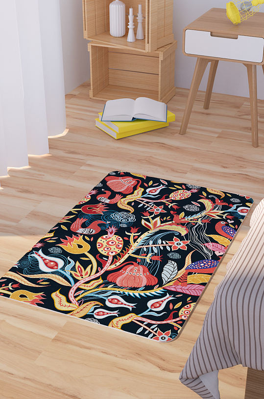 矢量手绘抽象花朵卡通可爱脚垫地毯图案