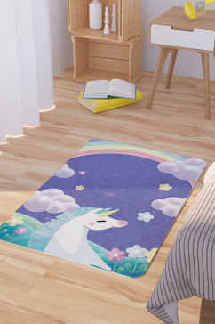 矢量手绘独角兽卡通可爱紫色脚垫地毯图案