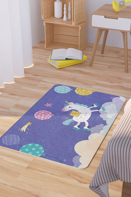 紫色矢量手绘独角兽卡通可爱脚垫地毯图案