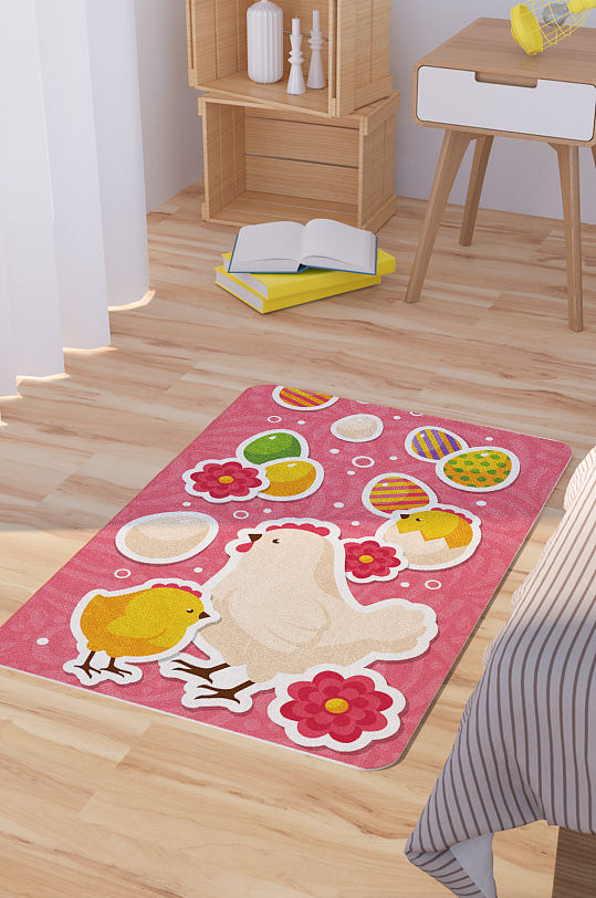 矢量手绘卡通可爱鸡蛋小鸡脚垫地毯图案-众图网