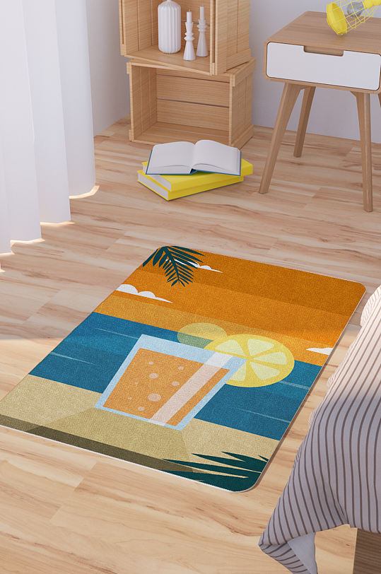 矢量手绘卡通夏日沙滩插画脚垫地毯图案-众图网