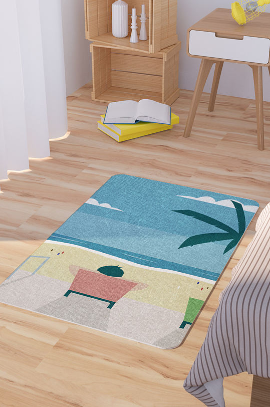 矢量手绘卡通海边度假插画爱脚垫地毯图案-众图网