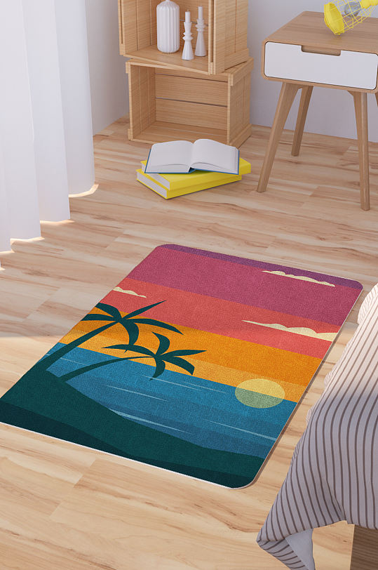 矢量手绘卡通海边落日插画脚垫地毯图案-众图网