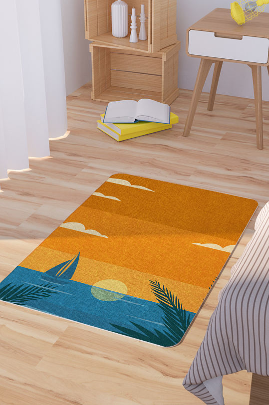 矢量手绘卡通大海落日插画脚垫地毯图案-众图网
