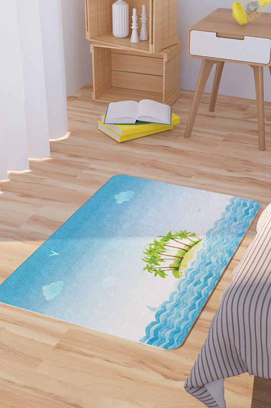 矢量水彩手绘大海椰子岛插画脚垫地毯图案-众图网