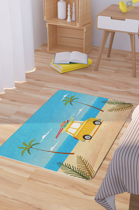 矢量手绘海边度假插画脚垫地毯图案