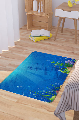 矢量手绘海底沉船插画脚垫地毯图案