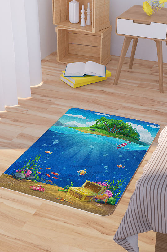矢量手绘海底世界插画脚垫地毯图案-众图网