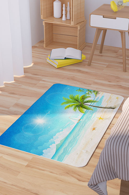 矢量精美海滩大海插画手绘脚垫地毯图案