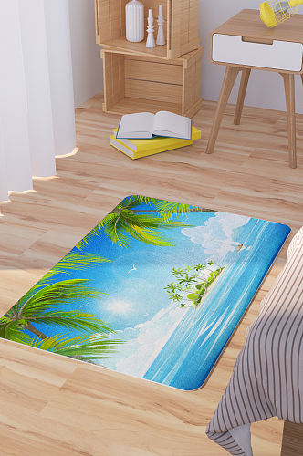 大海椰树插画矢量手绘脚垫地毯图案