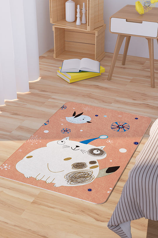矢量手绘卡通可爱猫咪飞鸟脚垫地毯图案