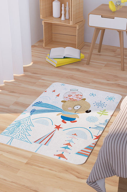 矢量手绘卡通可爱小熊脚垫地毯图案-众图网