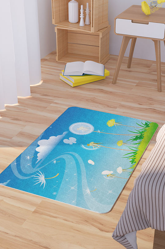 矢量手绘蓝天白云蒲公英插画脚垫地毯图案-众图网