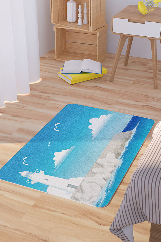 矢量手绘海边灯塔风景插画脚垫地毯图案