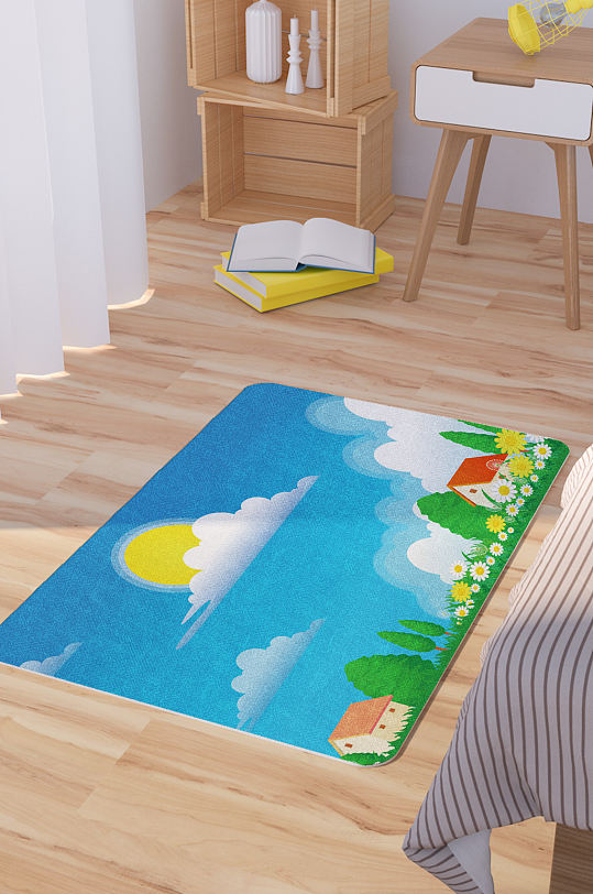 蓝天白云村庄插画矢量手绘脚垫地毯图案-众图网