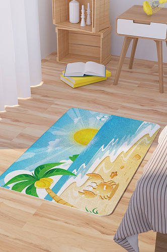 矢量手绘海滩风景插画卡通可爱脚垫地毯图案