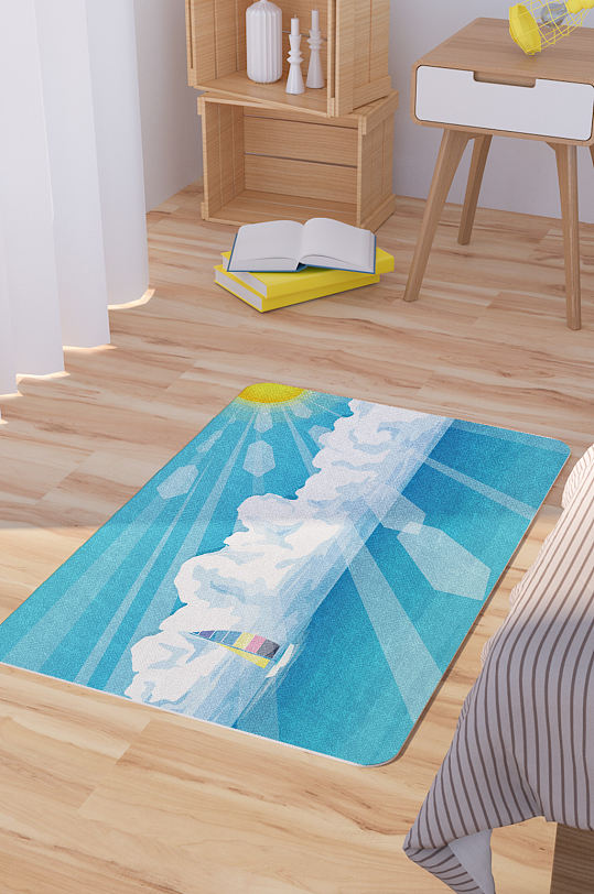 矢量手绘大海风景插画卡通可爱脚垫地毯图案