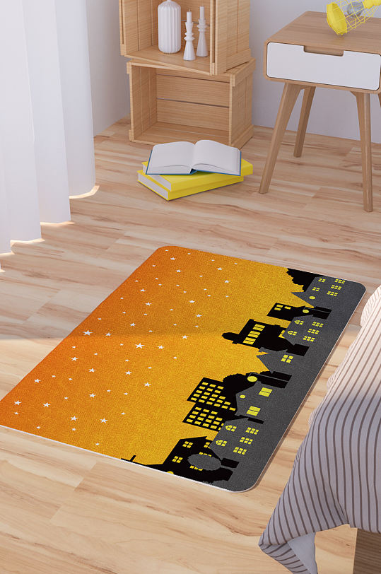 矢量手绘夜晚城市剪影卡通脚垫地毯图案