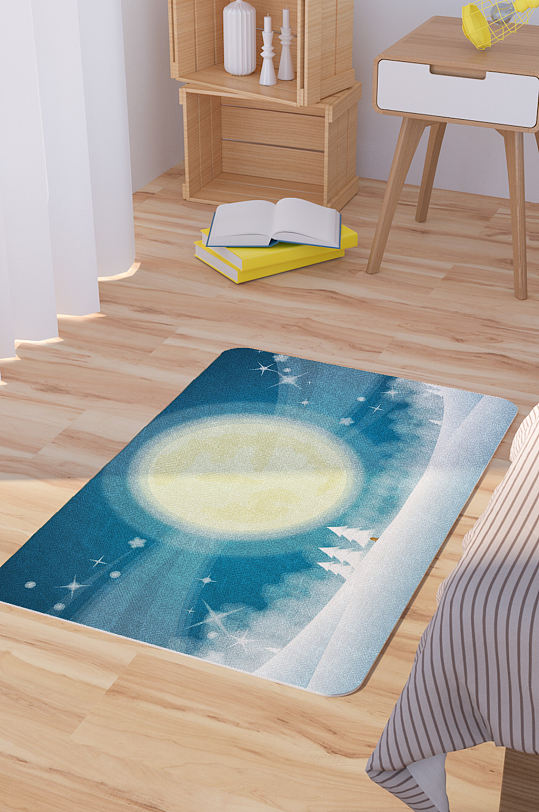 矢量明月夜雪景插画手绘卡通脚垫地毯图案-众图网