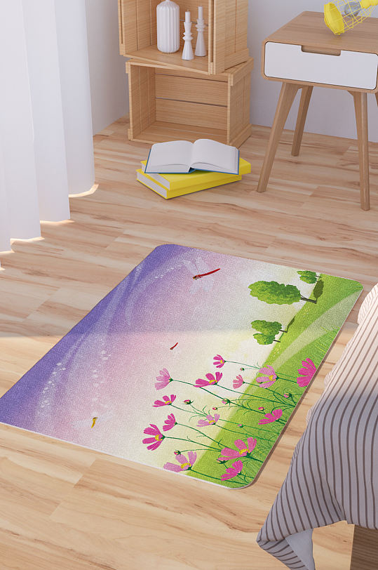 矢量手绘风景插画卡通脚垫地毯图案-众图网