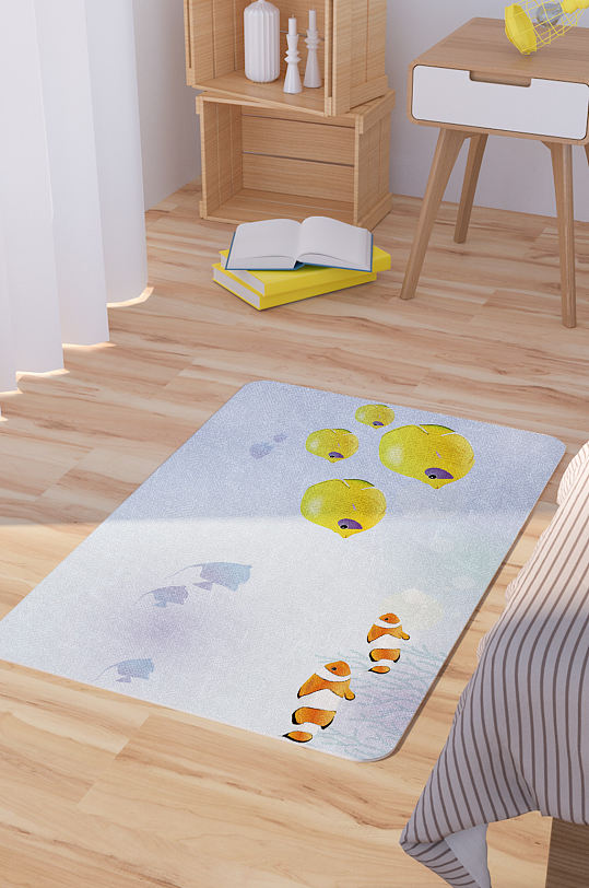 矢量手绘海底鱼类卡通脚垫地毯图案-众图网