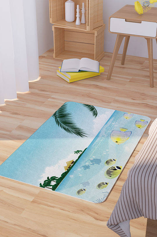 矢量手绘海边风景插画卡通脚垫地毯图案-众图网