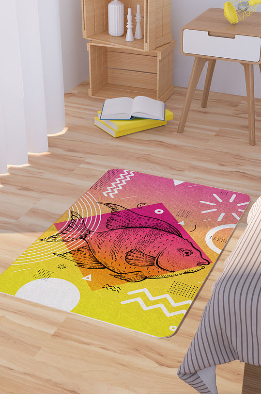 矢量手绘海鱼素描孟菲斯渐变脚垫地毯图案-众图网