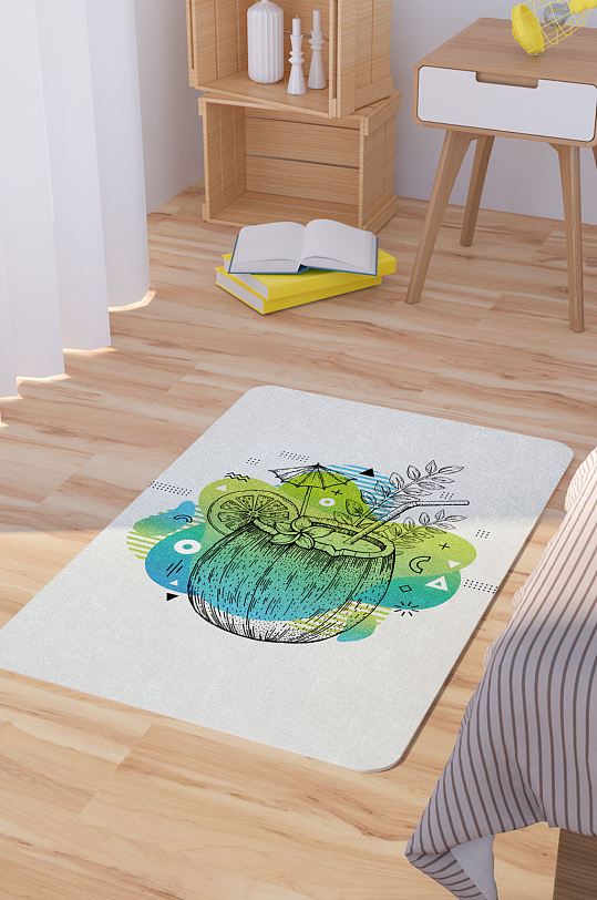 矢量渐变手绘椰子饮料素描脚垫地毯图案