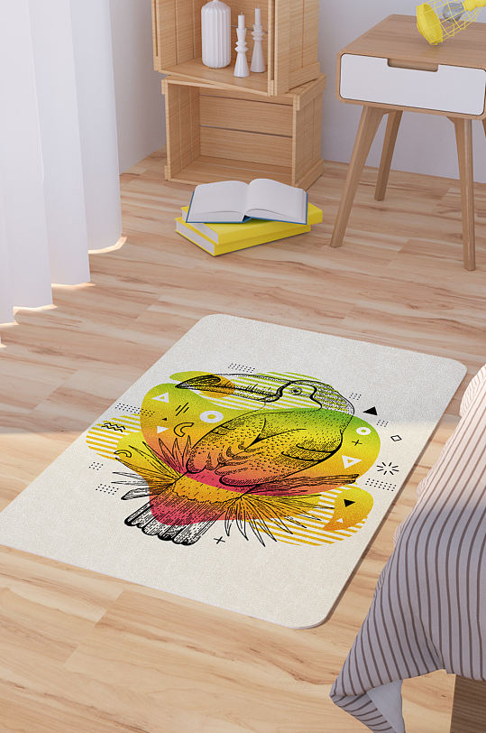 黄绿渐变矢量手绘大嘴鸟脚垫地毯图案-众图网