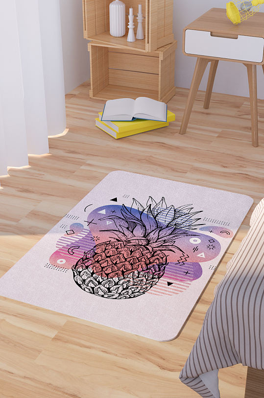 紫色渐变矢量手绘菠萝素描脚垫地毯图案-众图网