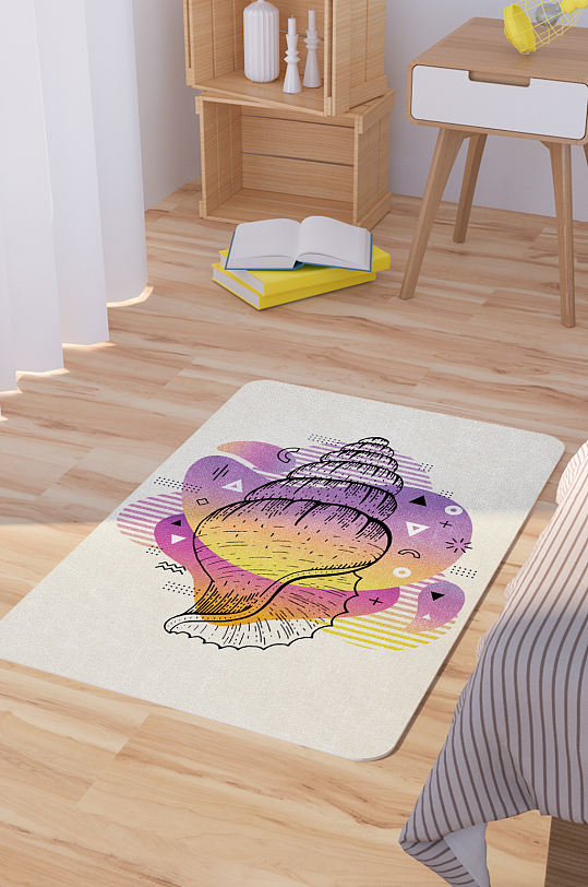 紫色黄色渐变矢量手绘海螺脚垫地毯图案