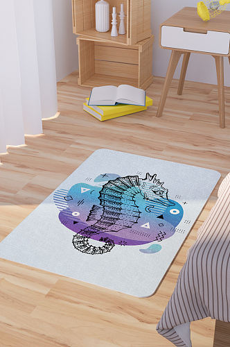 蓝色紫色渐变矢量手绘海马素描脚垫地毯图案