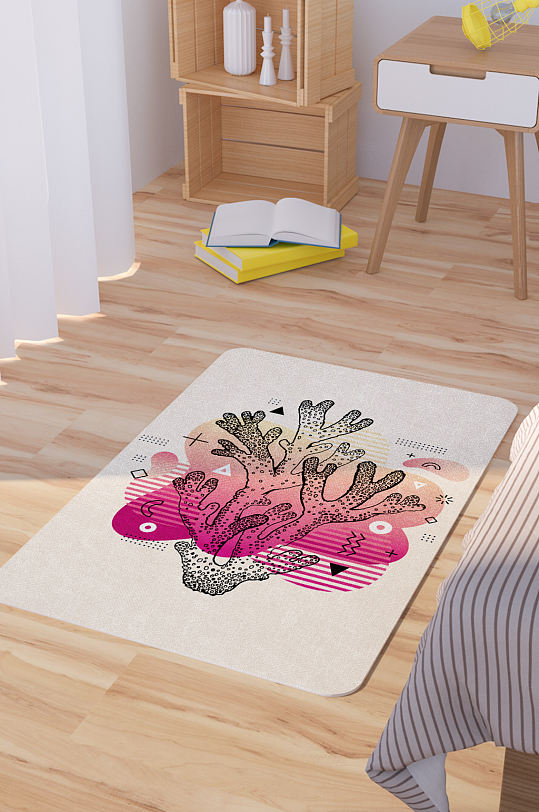 红色渐变矢量手绘珊瑚脚垫地毯图案-众图网