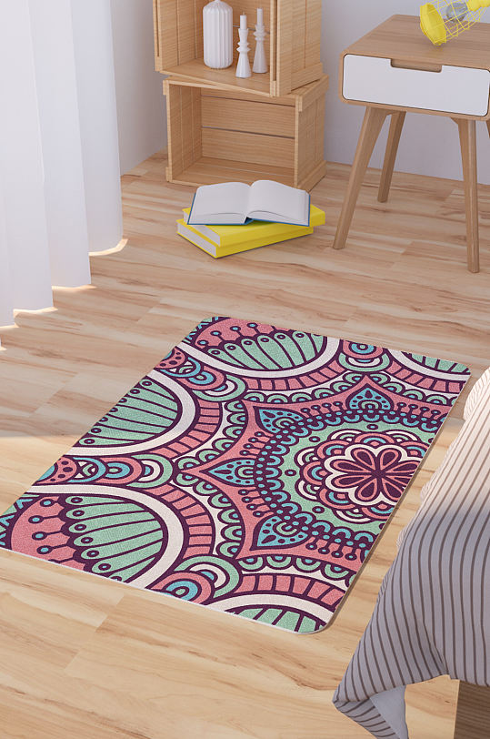 曼陀罗花纹矢量手绘民族风脚垫地毯图案-众图网