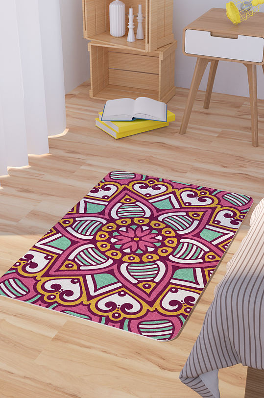 民族风矢量手绘曼陀罗底纹脚垫地毯图案-众图网