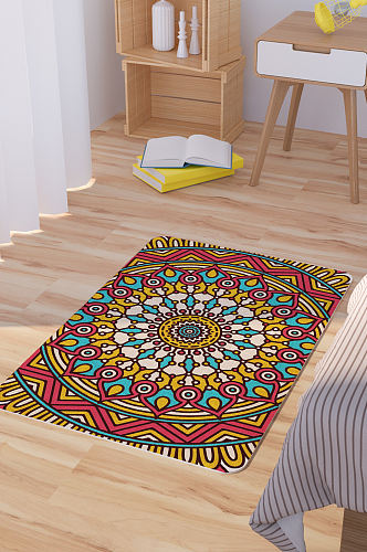 曼陀罗纹理矢量手绘花纹脚垫地毯图案
