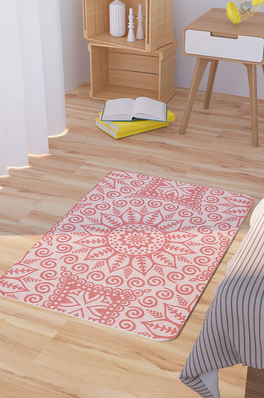 红色曼陀罗花纹矢量手绘脚垫地毯图案