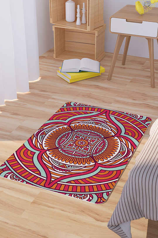 华丽精美曼陀罗花纹矢量手绘脚垫地毯图案-众图网