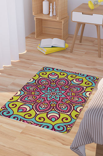 手绘曼陀罗纹理花纹矢量脚垫地毯图案