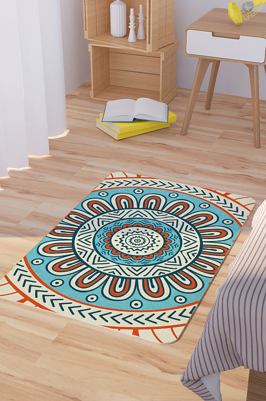 蓝色曼陀罗花纹矢量手绘脚垫地毯图案-众图网