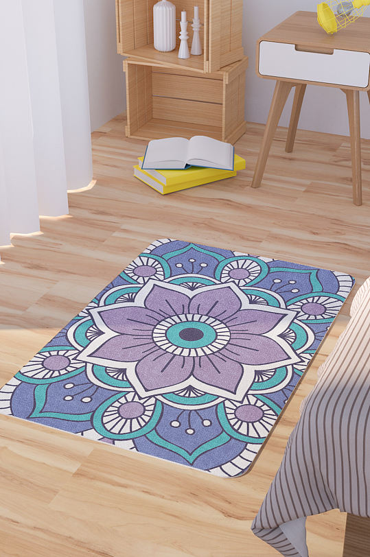 矢量对称花卉花纹脚垫地毯图案