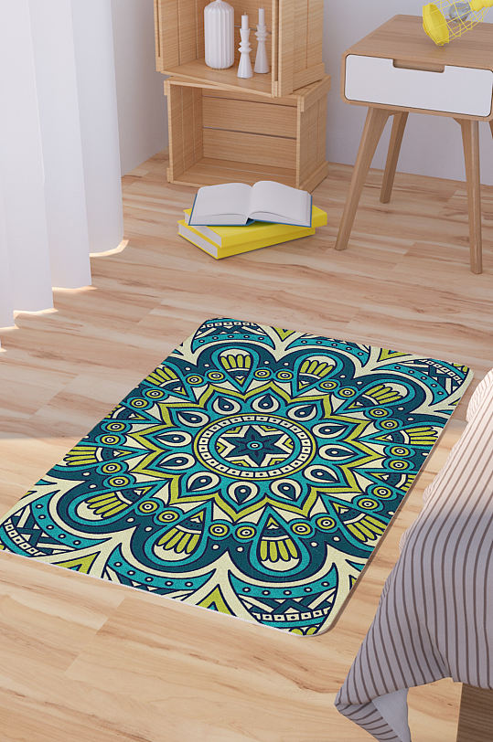 绿色曼陀罗花纹矢量脚垫地毯图案