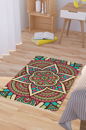 矢量手绘华丽繁复曼陀罗花纹垫地毯图案