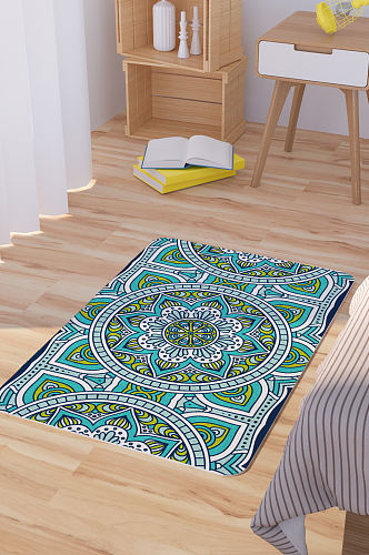蓝色绿色曼陀罗花纹矢量手绘脚垫地毯图案