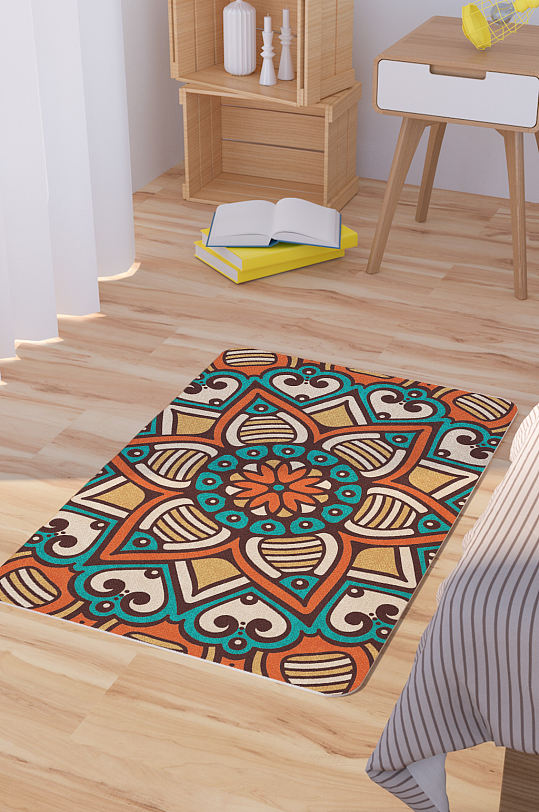 橙色绿色曼陀罗花纹矢量手绘脚垫地毯图案-众图网