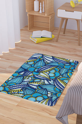 蓝色矢量手绘抽象花纹脚垫地毯图案