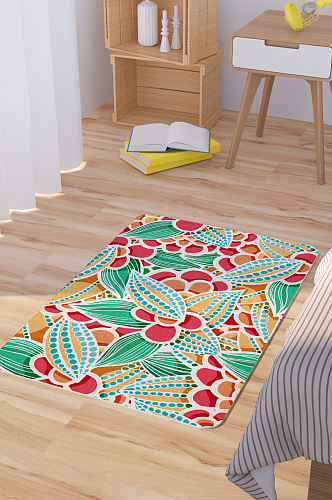 矢量手绘抽象绿叶红花脚垫地毯图案